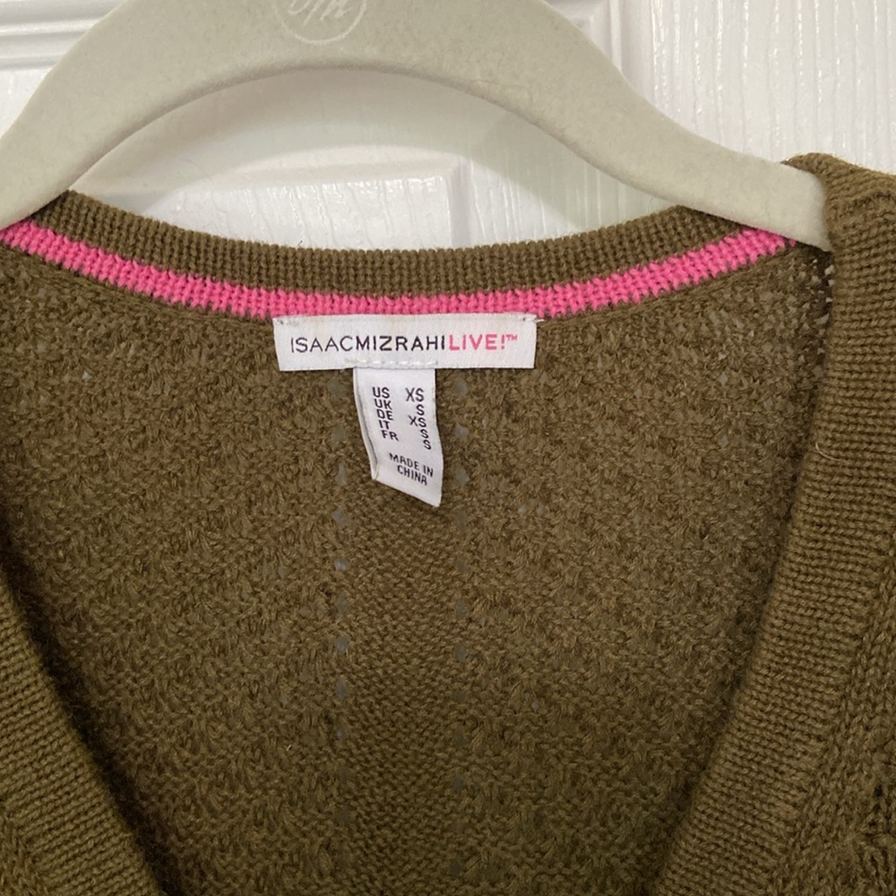 2 Isaac Mizrahi Olive Button Sweater Cardigan - Short Sleeve Open Weave, Peplum - Picture 3 of 14